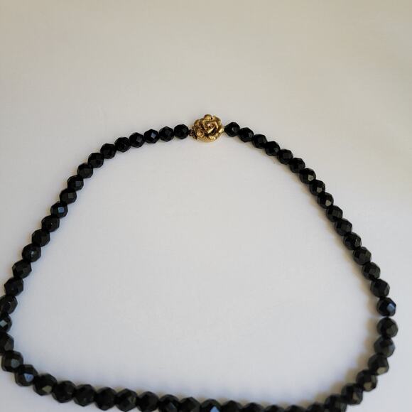 Vintage Black Bead Necklace - Gold Tone Rose Clasp, 21 Inches - Picture 7 of 10